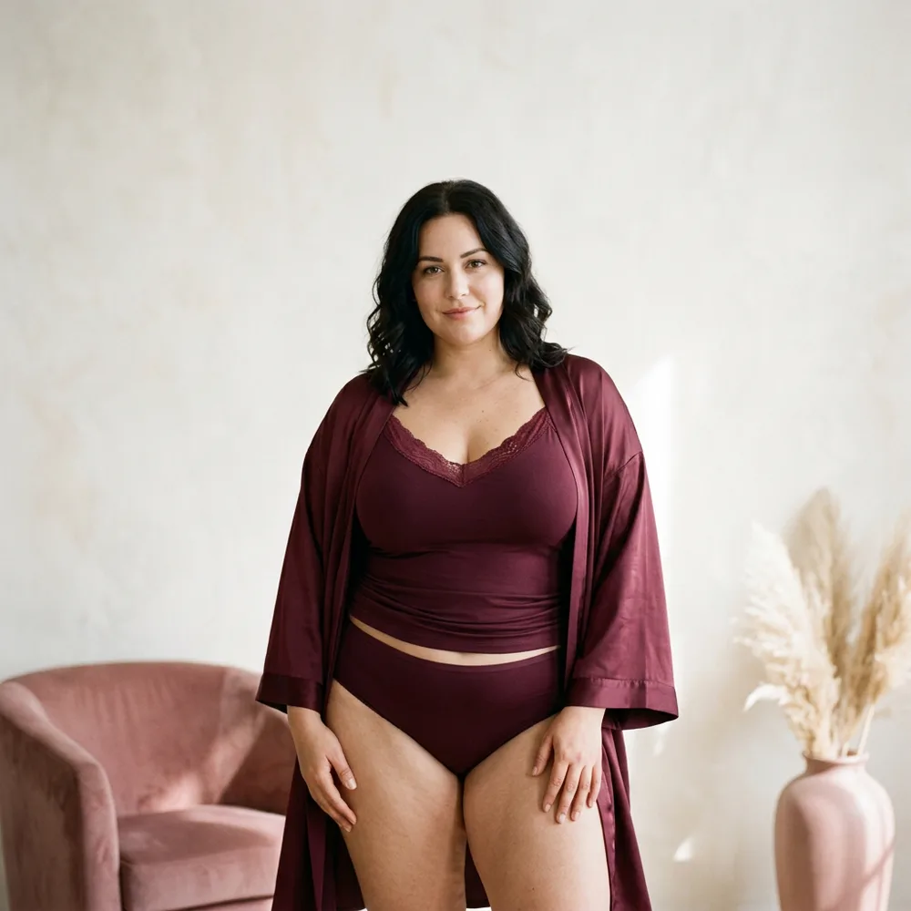 Modelka plus size w bordowej bieliźnie i satynowym szlafroku